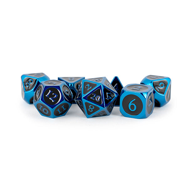 Fanroll - 16mm Metal Polyhedral Dice Set Blue w/ Black Enamel